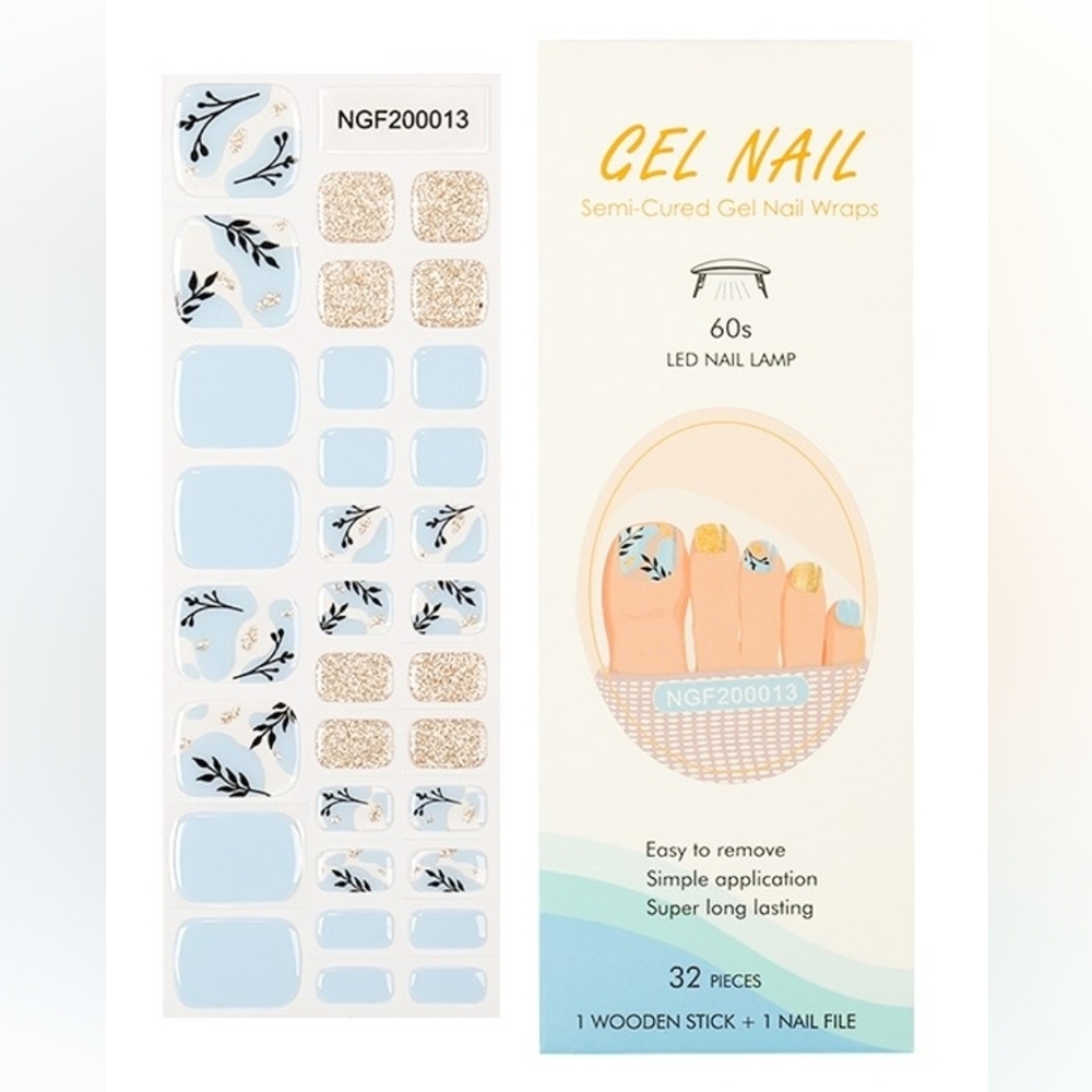 Semi-Cured Gel - Toe Nail Wraps in  Blue/Gold Floral Pattern